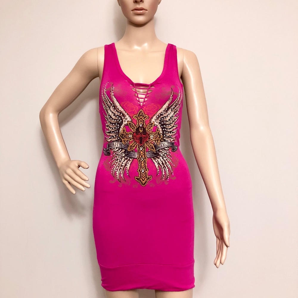 Sexy Hot Pink Mini Dress w Rhinestones, GW